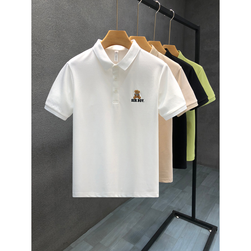 Camisa polo de manga curta bordada de urso minimalista masculina Street Wear lapela genuína camiseta 2026 verão novo est