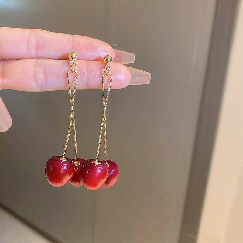 Doce vermelho acrílico cereja brincos coreano único primavera verão brincos de frutas nicho temperamento brincos de alta