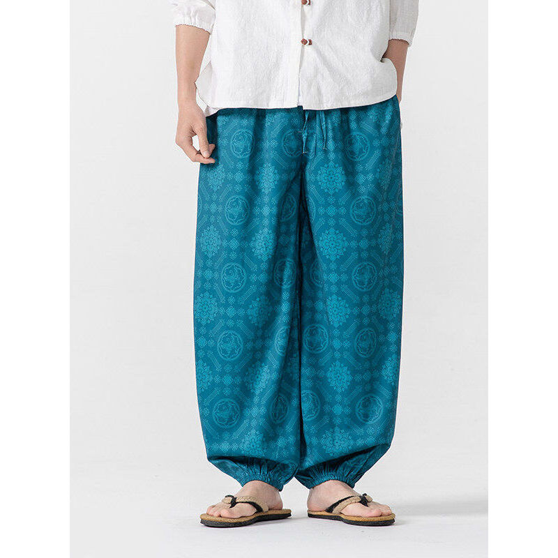 Novo estilo chinês primavera verão Bloomers homens Hanfu Tang estilo flor calças Retro estilo chinês cintura elástica es