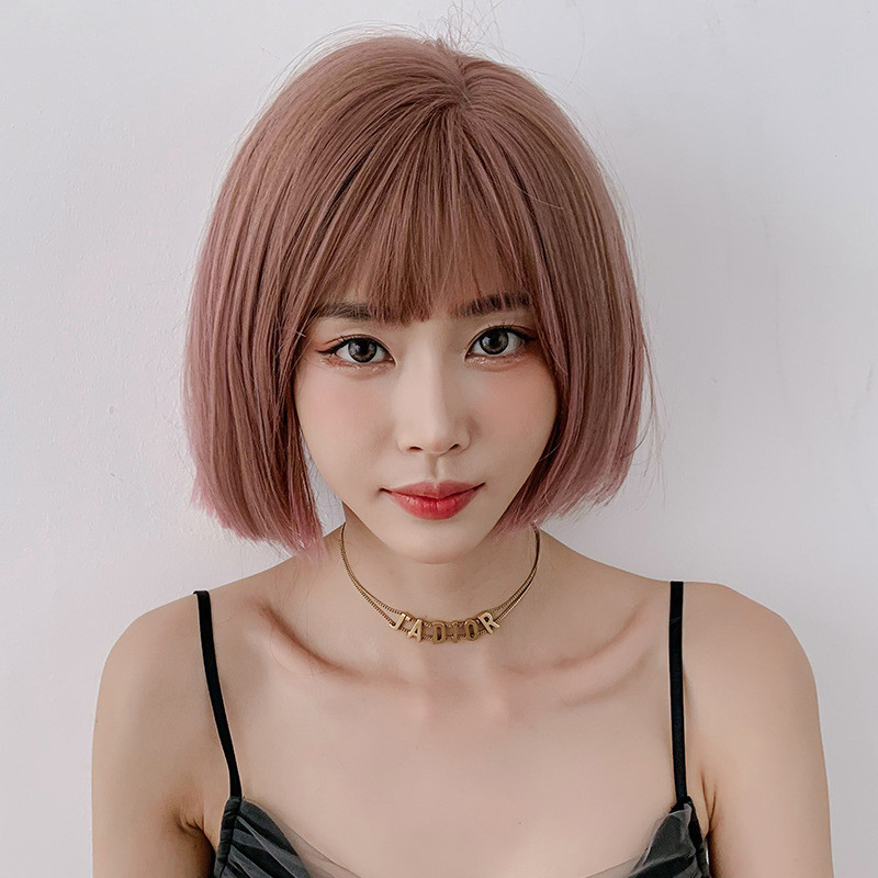 TSE peruca feminina cabelo curto franja de ar fofo Bob rosa arnês completo cabelo exclusivo respirável rosa malha seda a