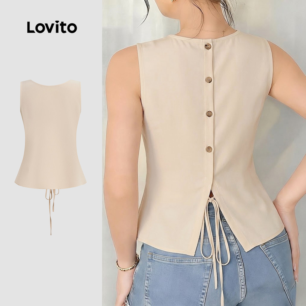 Lovito Casual Blusa Feminina com Botão Superior Casual para Primavera/verão Rosa