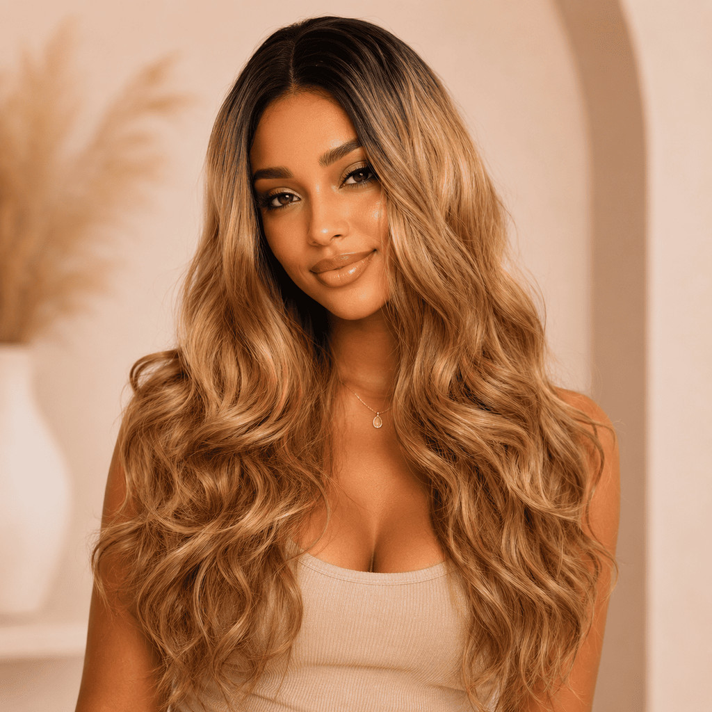 Peruca Lace Wig Preto com Loira Ondulada Sintética Bio Fibra Macia 60cm 230g Top Hair LILI-T1b/27