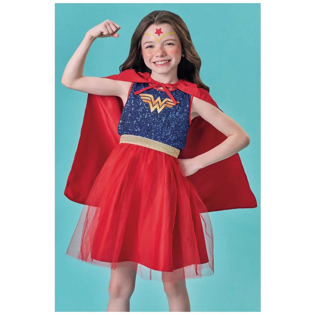 Fantasia Feminino Vestido de Super-heroína em Paetê e Tule INFANTI