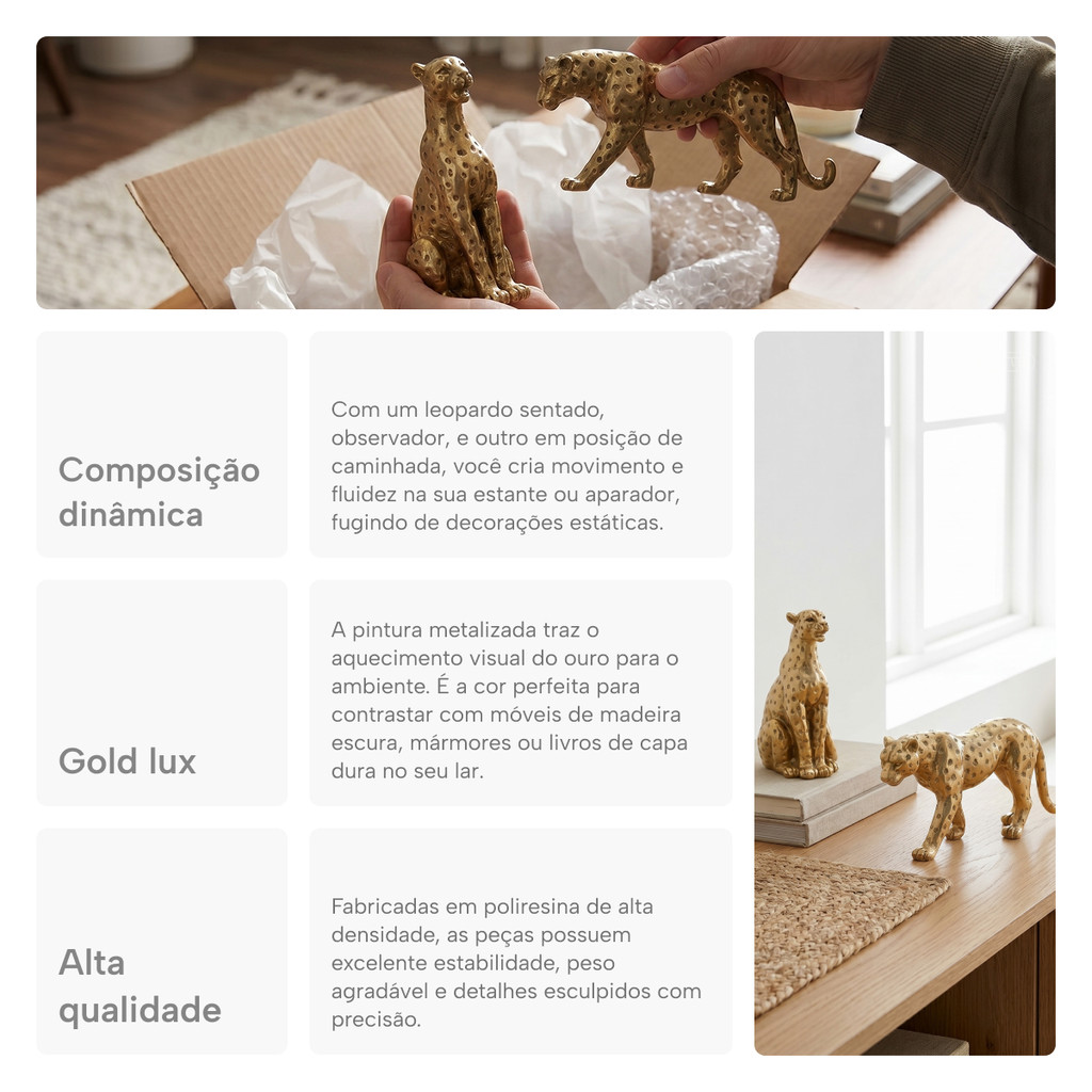 Kit 2 Esculturas Leopardo Poliresina Premium Felino Dourado Decorativo Luxo — imagem 2 de 2