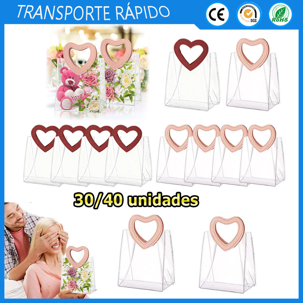30/40 Sacola de festa em formato coração transparente PVC reutilizável para presentes pequenos lembranças de aniversário