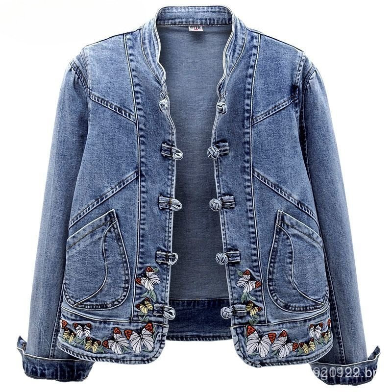 Jaqueta jeans curta vintage chinoiserie bordado stretch jaqueta feminina primavera e outono combina com tudo moda Haraju