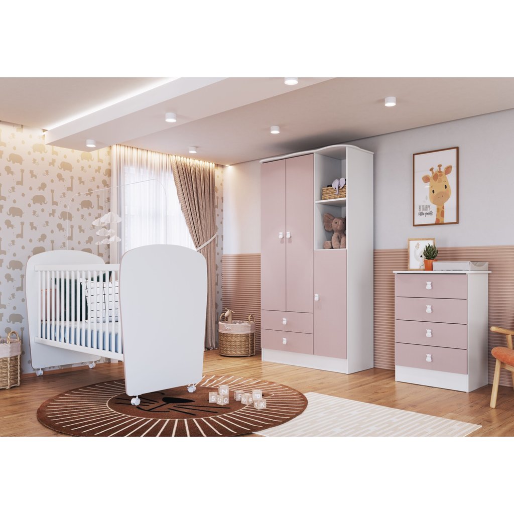 Quarto de Bebê Completo com 1 Berço 1 Cômoda 1 Guarda Roupa Arco-Íris Branco/Rosa