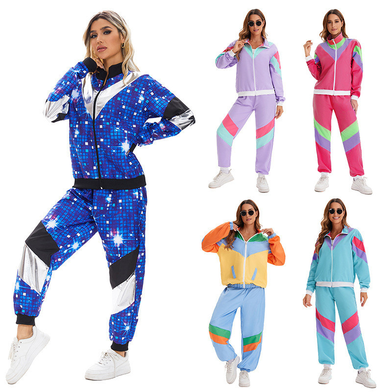 Traje de Halloween 80s Retro discoteca Hip Hop jaqueta esportiva calças terno masculino feminino adulto terno de dança