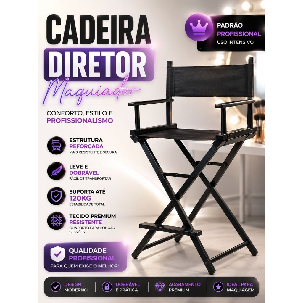 Cadeira Maquiador Profissional Modelo Diretor de Cinema Dobrável Reforçada