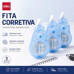 Kit 2 Fitas Corretivas Deli 5mm x 12m Secagem Imediata Silenciosa Azul Verde Rosa
