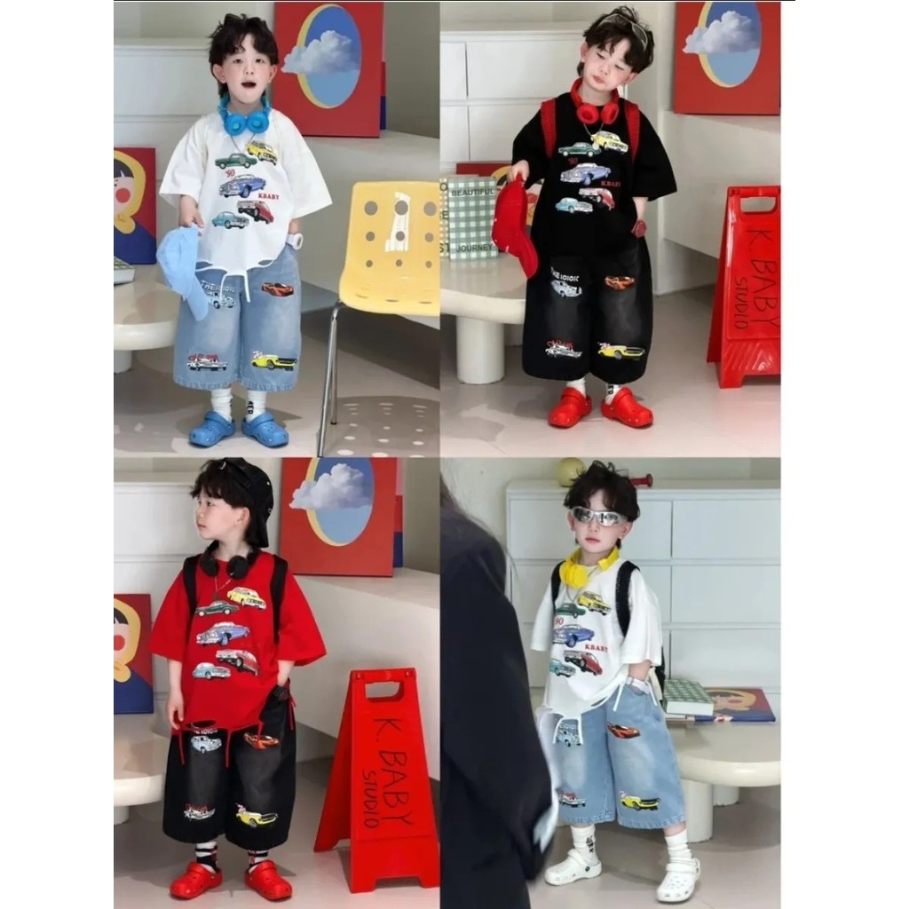Meninos verão dos desenhos animados terno 2026 novo estilo crianças estilo ocidental impresso camiseta Denim Shorts esti