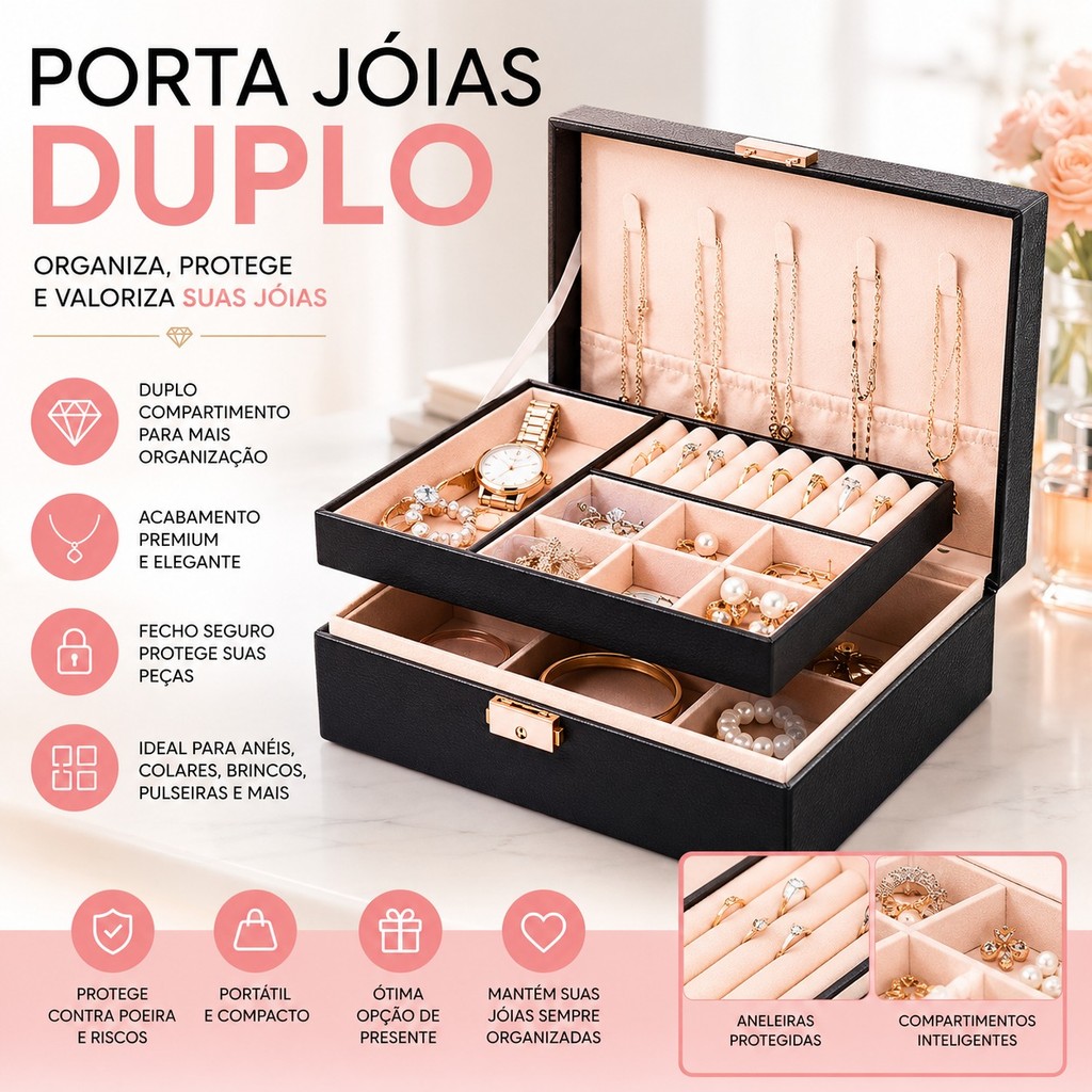 Porta Joias Grande Duplo Caixa Colar Bijuteria Portatil Aneis Pulseira com Chave Luxo