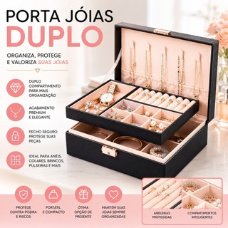 Porta Joias Grande Duplo Caixa Colar Bijuteria Portatil Aneis Pulseira com Chave Luxo