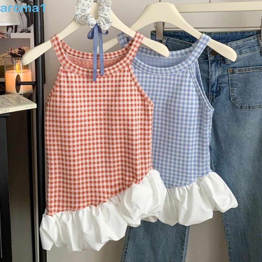 Tops Curtos De Grade AROMA1 , Com Copos Acolchoados , Regata De Ombro , Camisola Xadrez Feminina , Camisa Babados Franzi