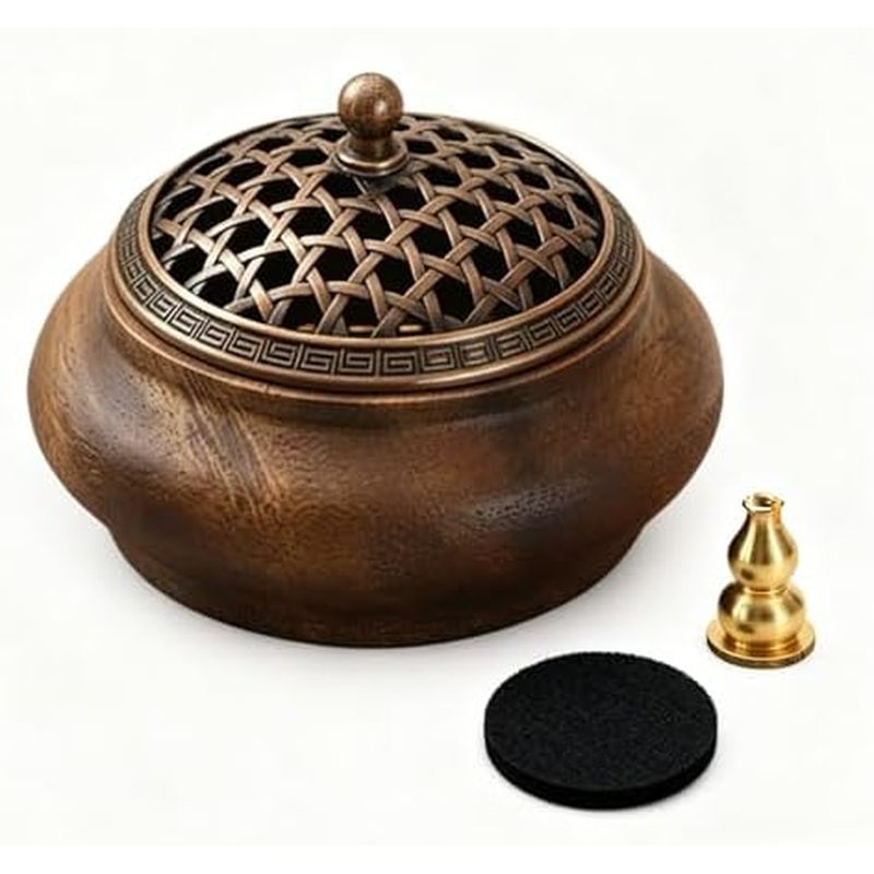 Queimador De Incenso De Cobre De Madeira Com Suporte Para Bastão , Bobina De Cone Algodão À Prova De Fogo Madiation Yoga