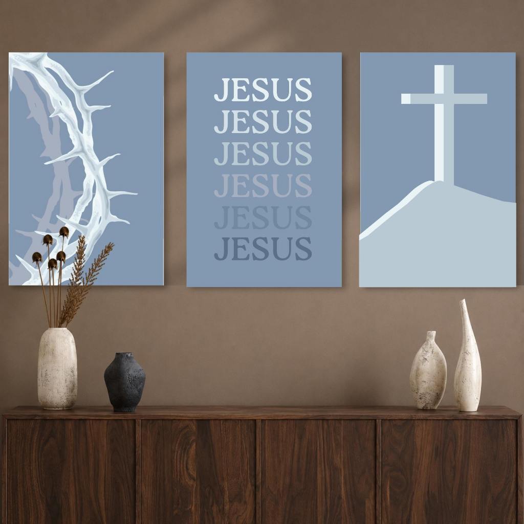 Kit 3 quadros decorativo Jesus cruz coroa espinhos decoração cristã religioso sala quarto escritorio