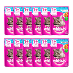 Kit 12 Ração Úmida para Gatos Whiskas Adultos 1+ Anos Castrados Sabor Peixe em Sachê 85g