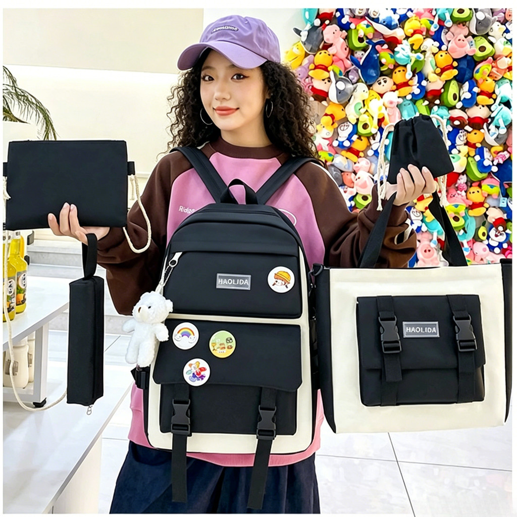 O novo conjunto de mochilas de 5 peças em estilo coreano é adequado para uso diário e escolar.