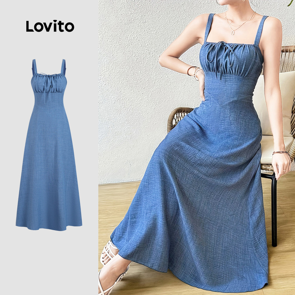 Lovito Longo Vestido Azul Feminino Estilo Resort com Amarração Primavera/Verão B