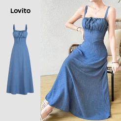 Lovito Longo Vestido Azul Feminino Estilo Resort com Amarração Primavera/Verão Bordado LK4LD384