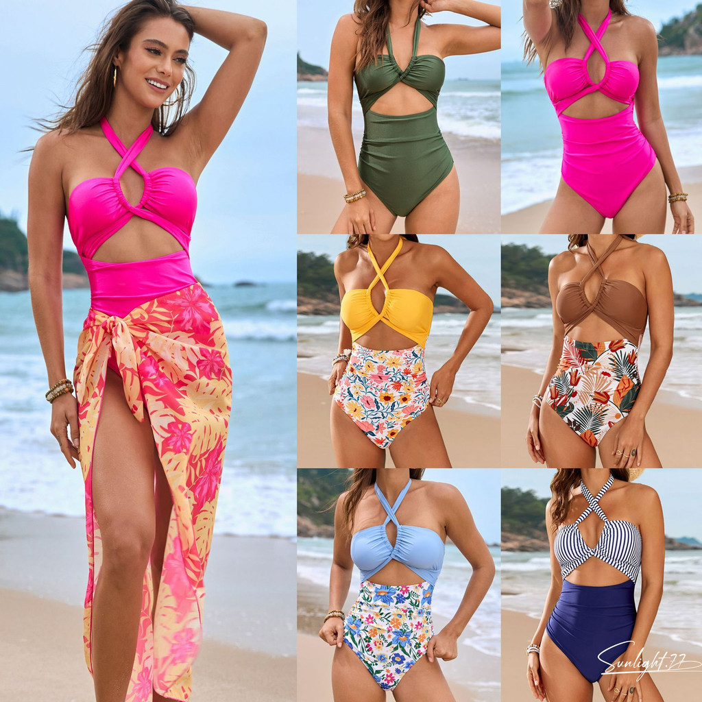 Conjunto de maiô feminino, maiô sexy de uma peça com alças, saia de praia em chiffon, maiô elegante com recortes.