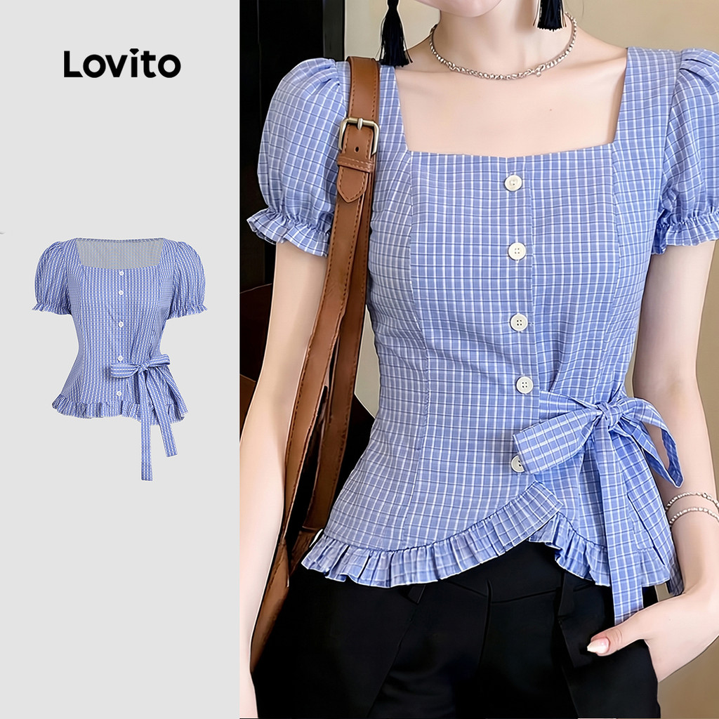 Lovito Blusa Casual com Botões e Design de Alça para Mulheres Blusa Azul primavera/verão LK6ED190