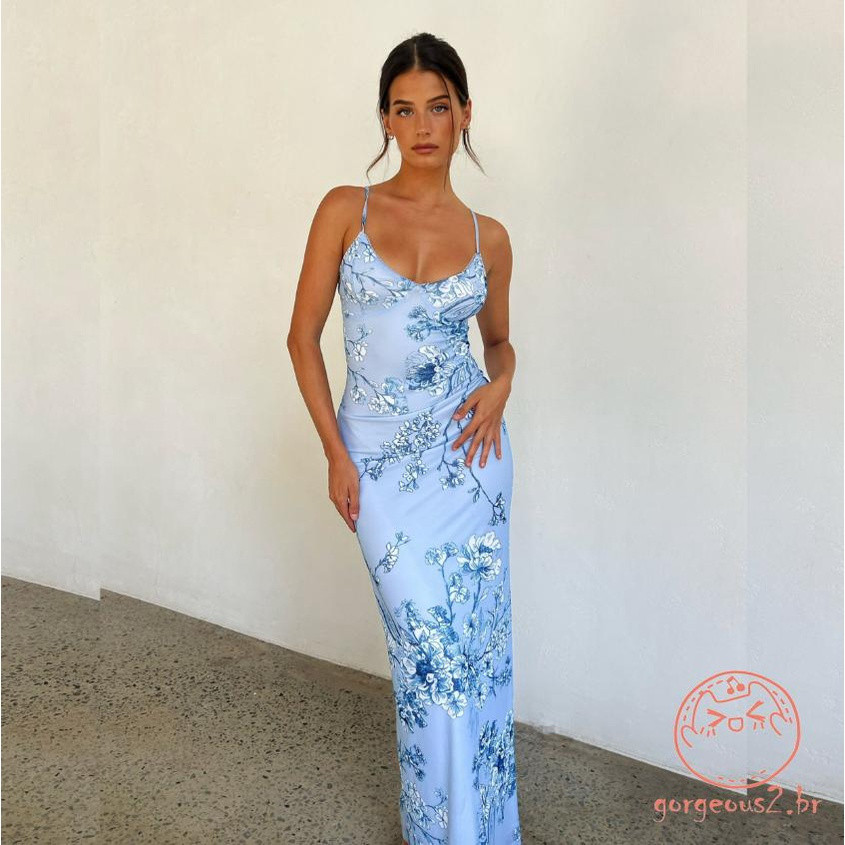Deslumbrante Vestido Longo Feminino Vintage com Estampa Floral, Sem Mangas, Alças Finas e Corte Justo 5140