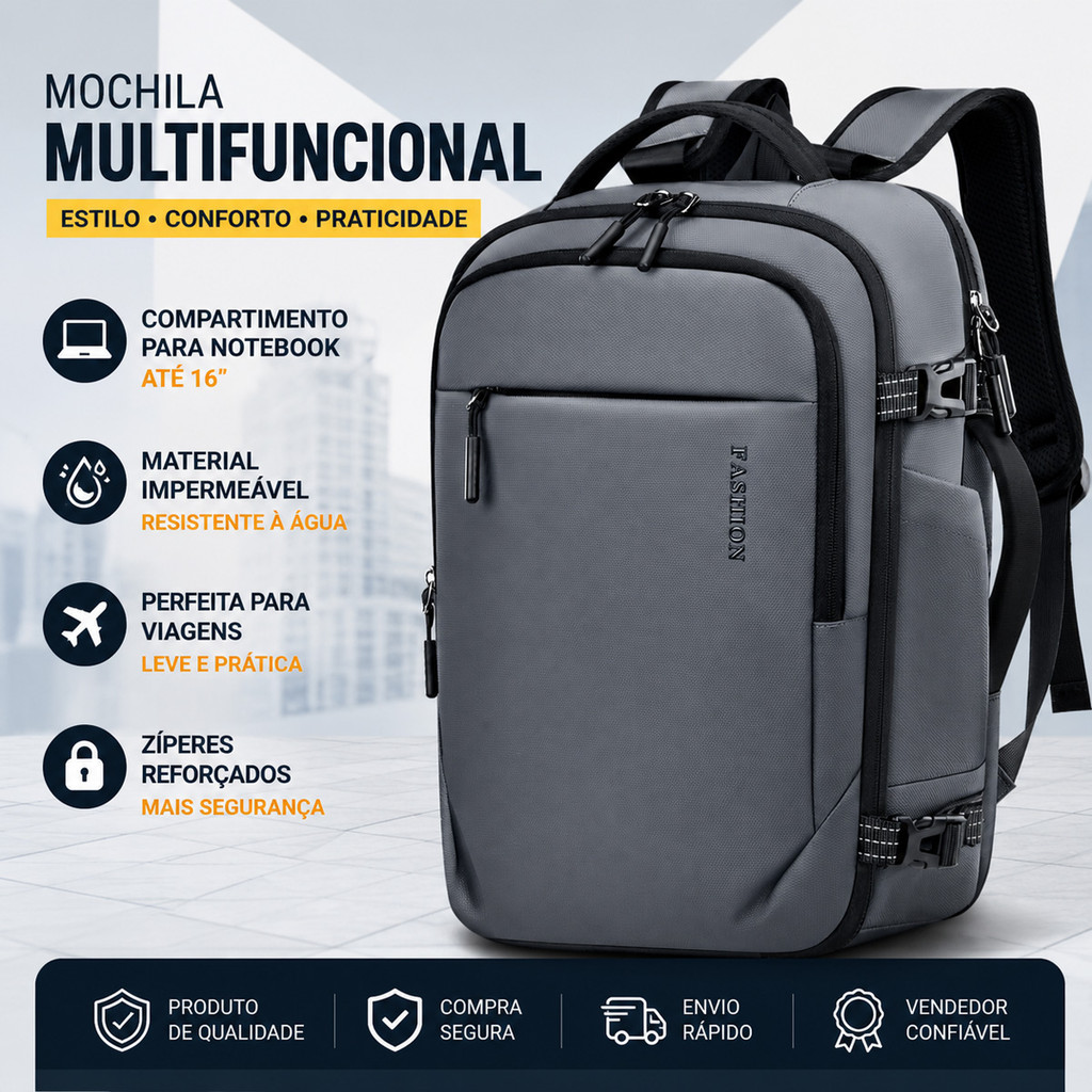 Mochila Masculina Impermeável para Notebook, Grande Capacidade, Resistente à Água para Viagem e Trabalho