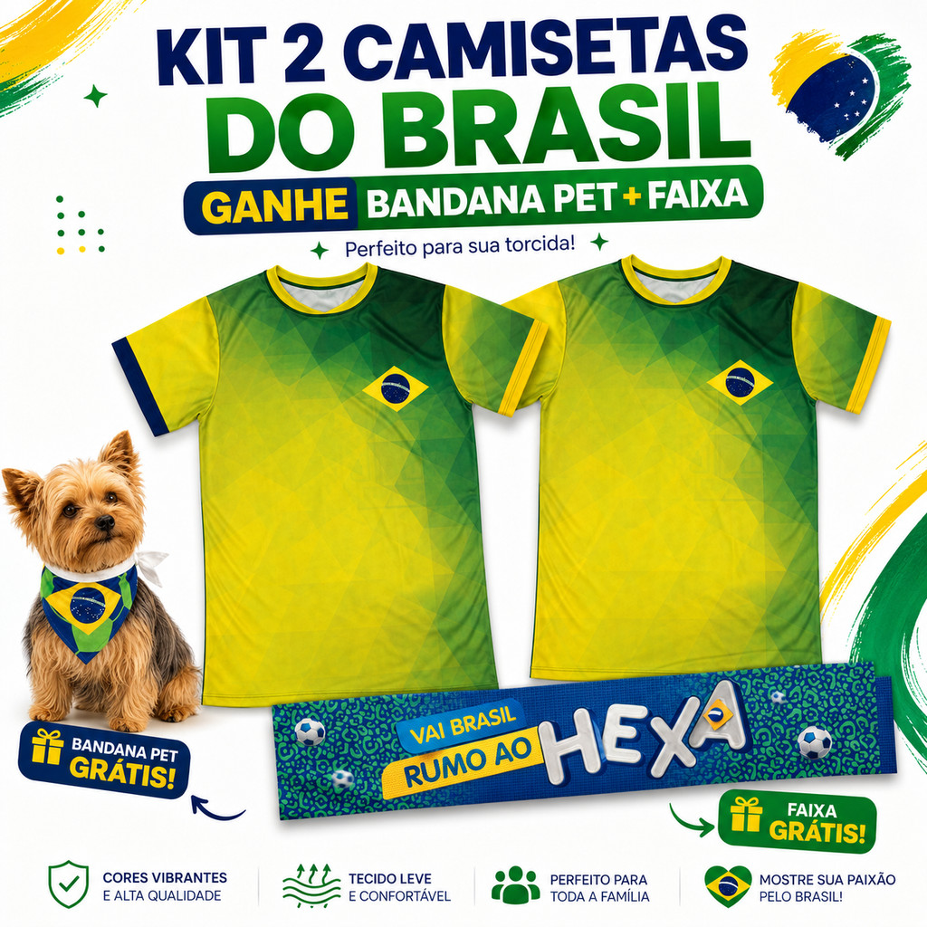 Kit 2 Camisetas Brasil Torcida Copa Verde Amarela Com Bandana Pet e Faixa Hexa