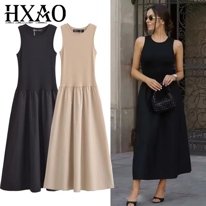 Vestidos Femininos HXAO Sem Mangas, Vestido Longo Justo, Vestidos de Malha Sólida, Vestidos Midi Casuais de 2025