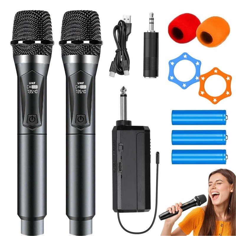 Microfone de karaokê sem fio Bluetooth, Micrófono Inalámbrico Profesional de 2 Piezas, para Voz, Fiesta