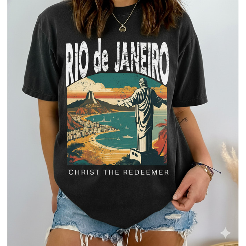 Camiseta Masculina Feminina Oversized Estampa Cristo Redentor Rio de Janeiro Retrô, Camiseta Streetwear Unissex Estampa