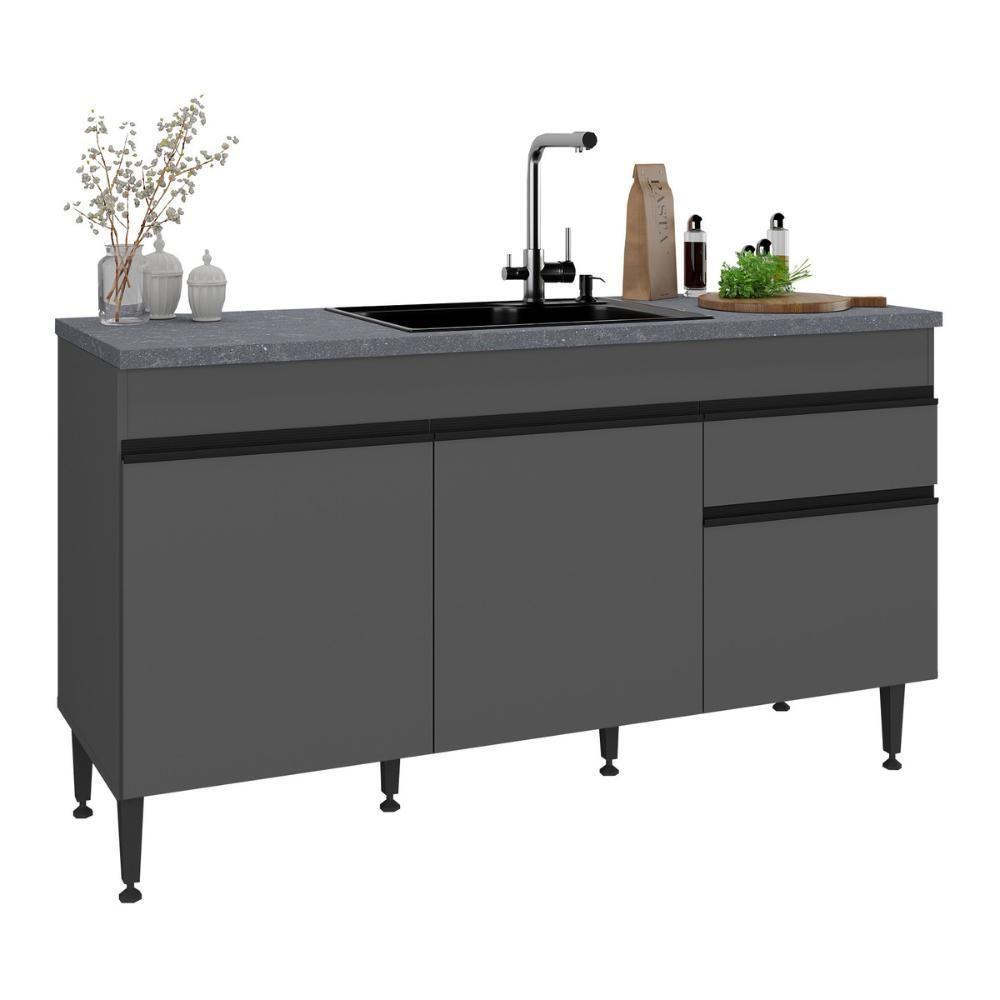 Balcão de Cozinha para Pia Milano MP2387 3 Portas 1 Gaveta 150cm Cinza Grafite Multimóveis