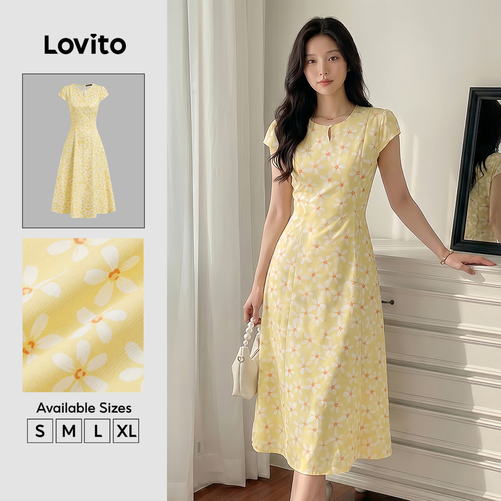 Lovito Elegante Vestido Pregueado Primavera/verão Vestido Amarelo para mulheres L142ED048
