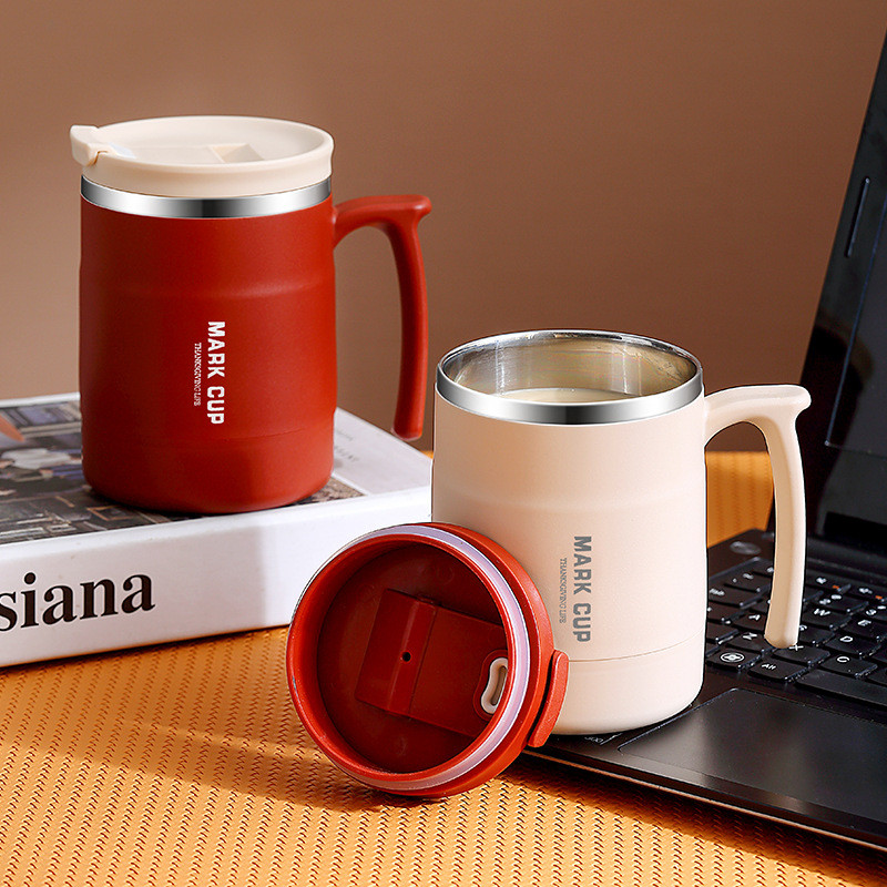 304 caneca de aço inoxidável xícara de café copo térmico pote doméstico vermelho café da manhã com tampa colher copo de