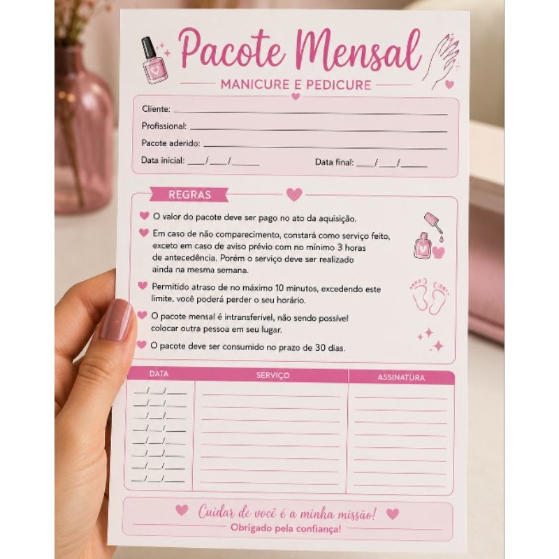 Pacote Mensal Manicure e Pedicure | Ficha Controle Cliente Agendamento Nail Designer 14x20 cm