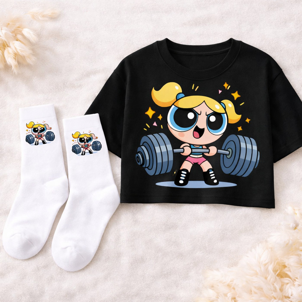 Conjunto Cropped Feminino Estampado e Meia Branca Estampa Super Poderosas Academia Fitness Marombas Lindinha