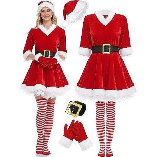 Vestido de fantasia de Natal para mulheres adultas, vestido de festa de Natal, fantasia de Papai Noel, fantasia de comér