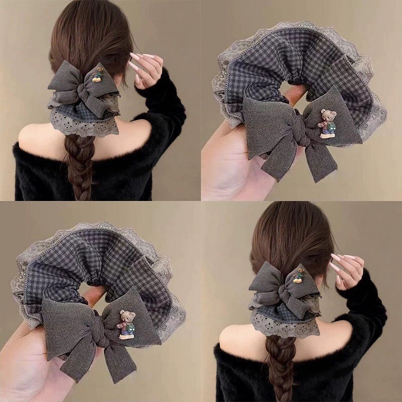 Estilo coreano cinza xadrez arco nó Scrunchy anel de cabelo feminino baixo rabo de cavalo bola cabeça corda flor High-En