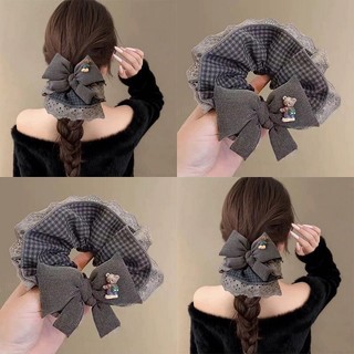 Estilo coreano cinza xadrez arco nó Scrunchy anel de cabelo feminino baixo rabo de cavalo bola cabeça corda flor High-En