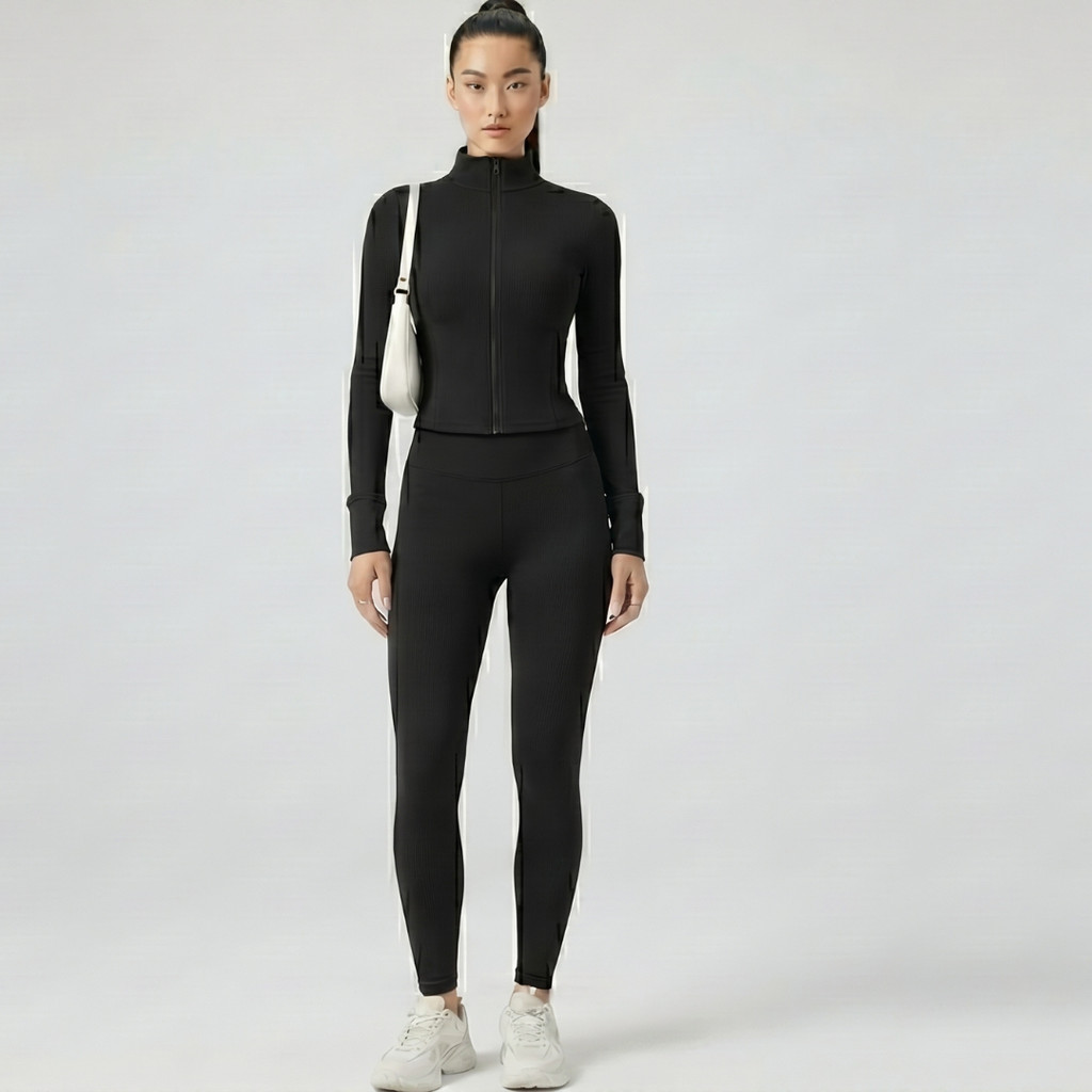 Conjunto Manga Longa de Academia Fitness Feminino com Legging Cós Alto e Top zíper Manga Comprida