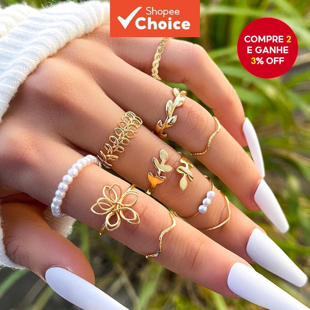 Conjunto de 10 Anéis de Flores Ocados Fashion, Anéis Minimalistas com Pérola e Folha para Mulheres
