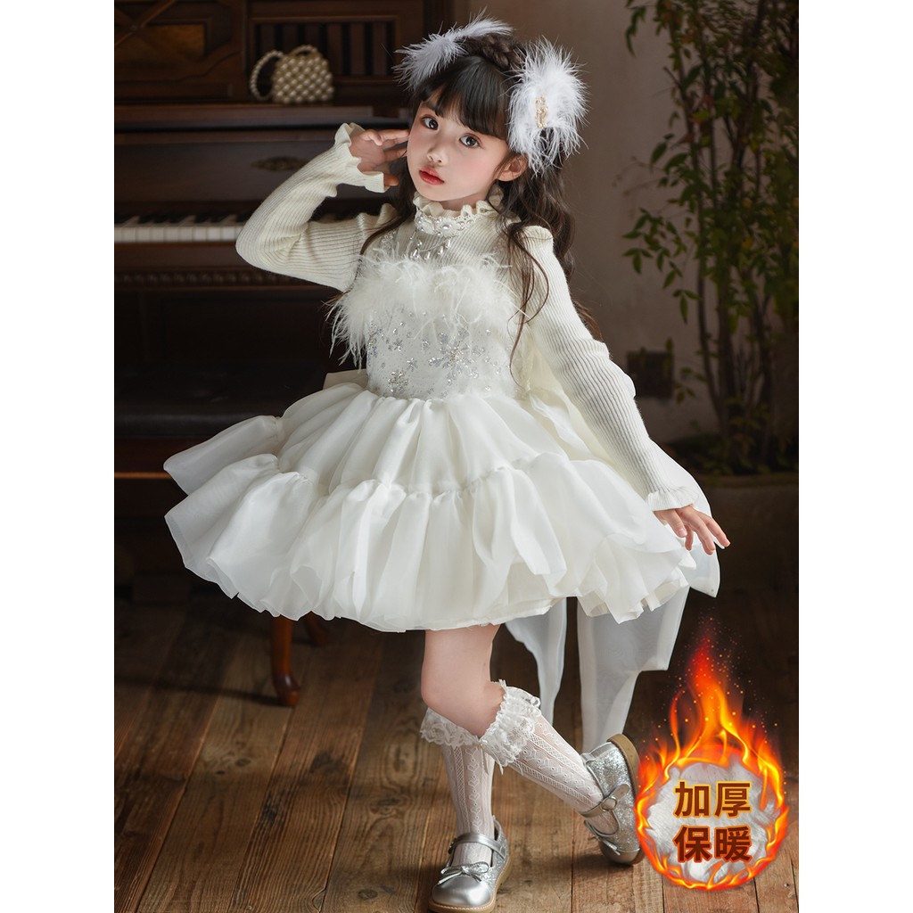 Outono inverno meninas cisne branco Lolita vestido de princesa menina caixa de música vestido de aniversário crianças ve