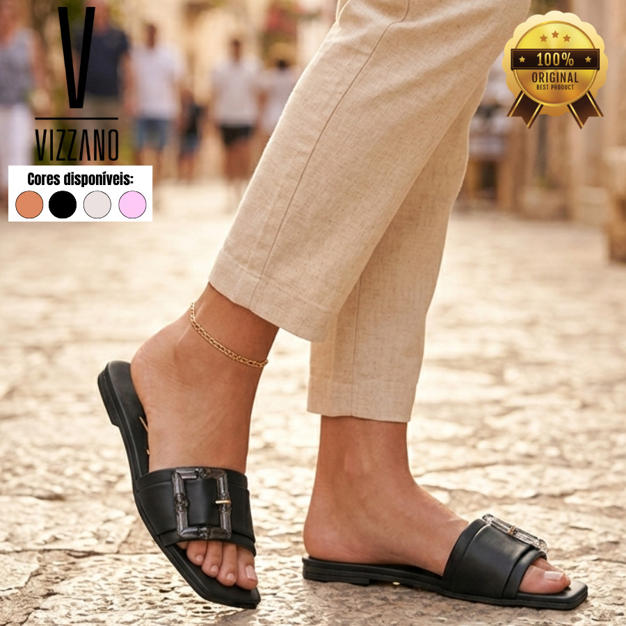 Tamanco Feminino Vizzano Rasteira Flat Bico Quadrado Com Fivela Casual Elegante Confortável Moderno Dia a Dia