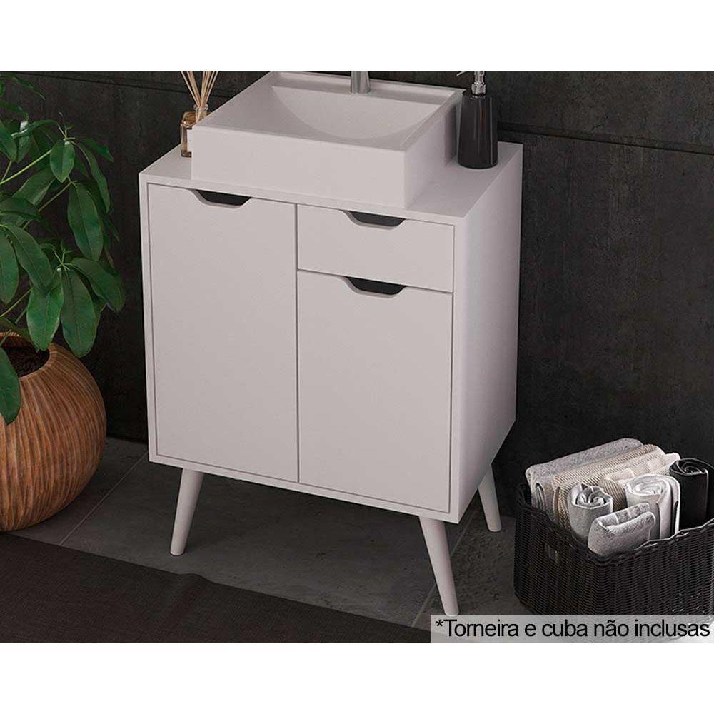 Gabinete de Banheiro c/ Pés BN3637 s/ Cuba c/ 2 Portas e 1 Gaveta 60cm Branco - Tecno Mobili