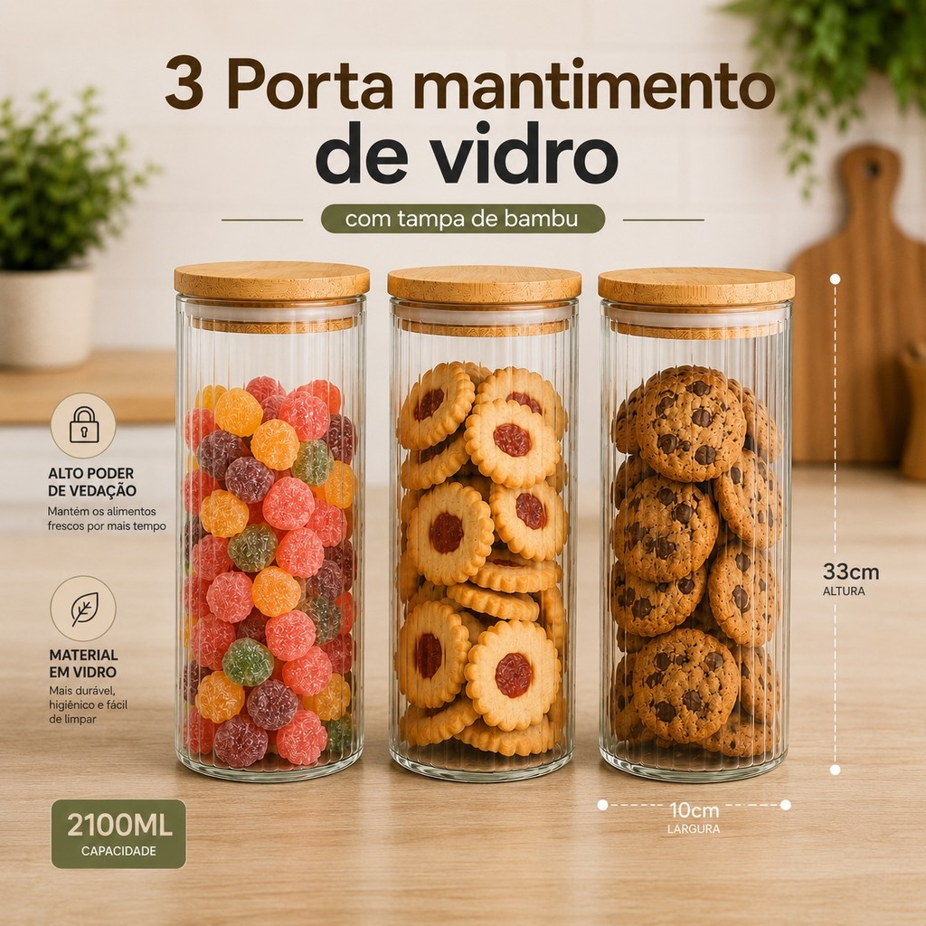 porta mantimento 2100ML vidro pote com tampa de bambu 2L hermetico Cozinha Alimentos Arroz açucar café macarrão grande
