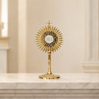 Santíssimo Sacramento Ostensório 10 cm Metal Dourado de Mesa JHS Eucaristia Enfeite Decoração