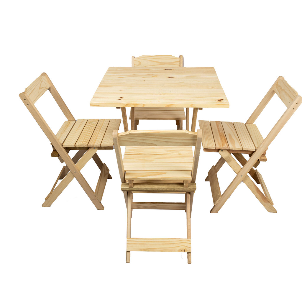 Kit Mesa 70x70 Dobrável Em Madeira Maciça Com 4 Cadeiras Natural