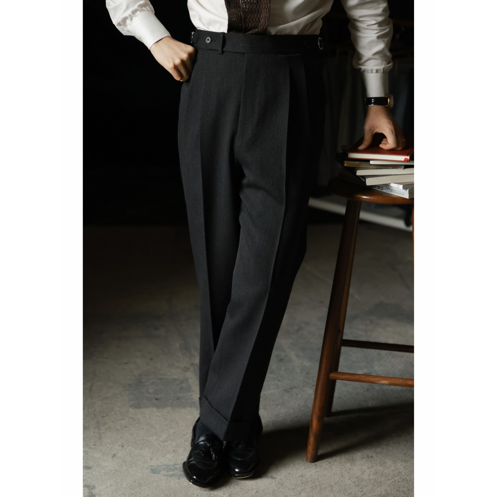 UGENTLE roupa masculina de lã de cavalaria pesada de lã pura {cinza grafite} calças italianas de cintura alta com fivela