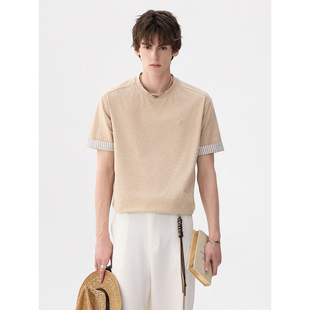 CHICERRO roupas masculinas sicílian 2026 verão novo estilo listrado costura Retro em torno do pescoço de manga curta cam